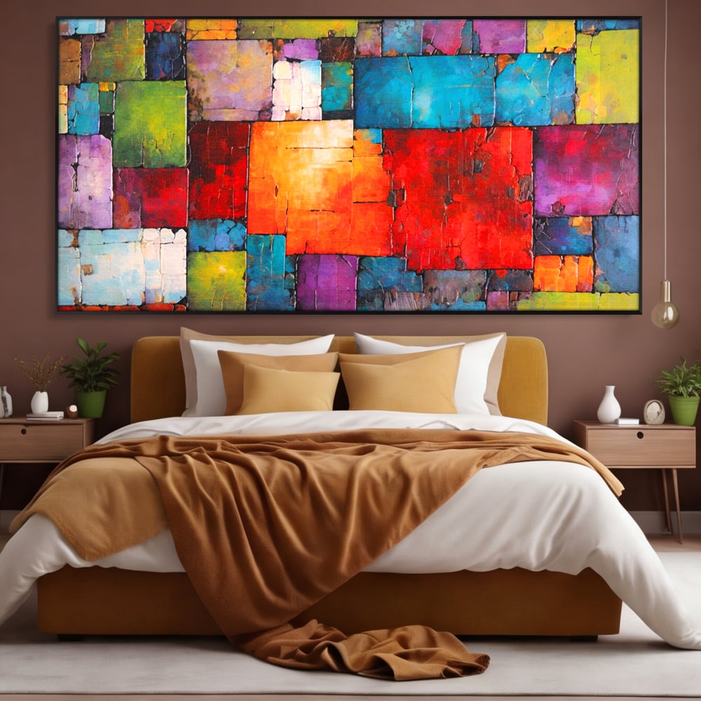 Tablou canvas cu tablou canvas cu mozaic geometric colorat, in rama de aluminiu negru, pe perete intr-un dormitor